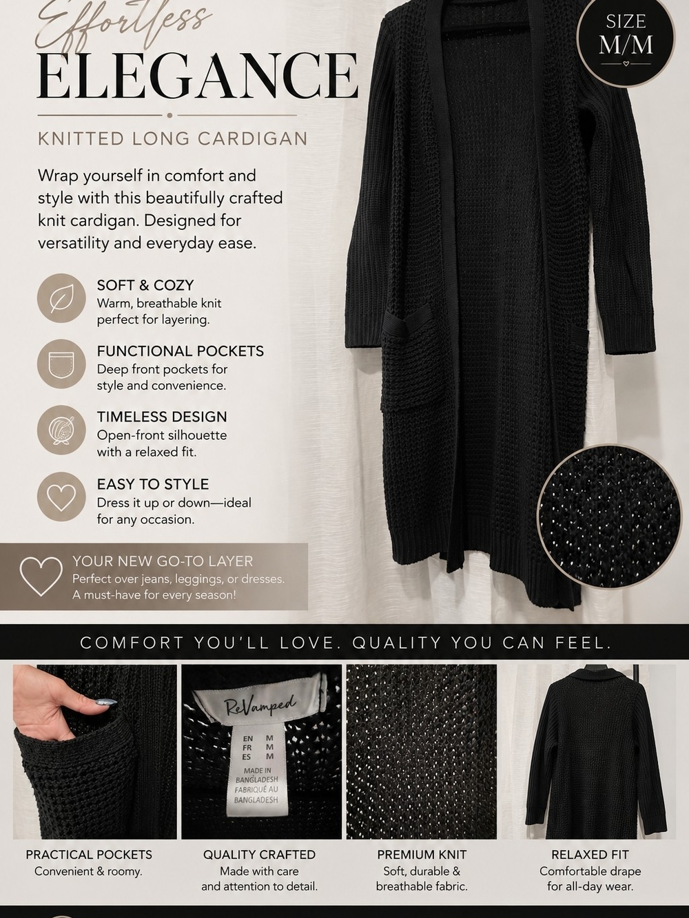 ReVamped Black Knitted Long Cardigan - Open Front Cozy Layer